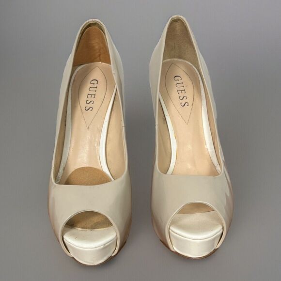 Guess Shoes Stiletto Dress High Heels Peep Toe Patches Nude Black Women 7.5 Twee - Picture 2 of 7